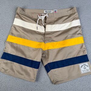 IRON & RESIN Swim Trunks Men 30 Khaki Blue Striped Board Shorts Surf 8" Inseam